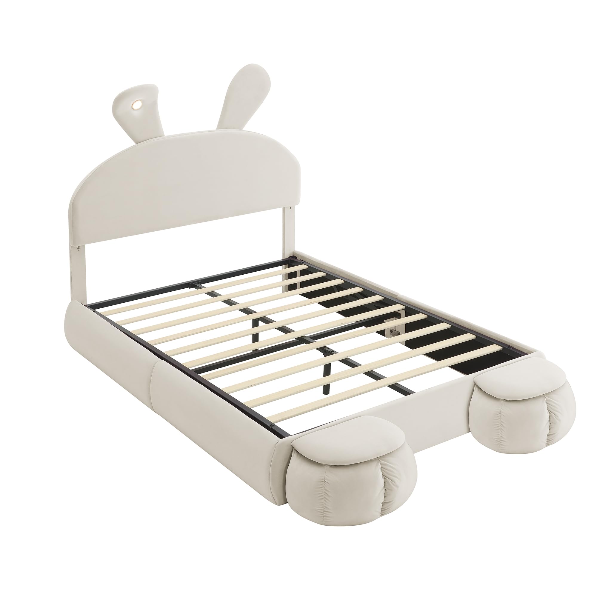 Polsterbett 140x200, Hydraulisch Stauraumbett mit 2 Aufbewahrungshockern und LED-Nachttischbeleuchtung, ausklappbare Hasenohren, LED Doppelbett mit Stauraum und Lattenrost, Samt, Beige, ohne Matratze