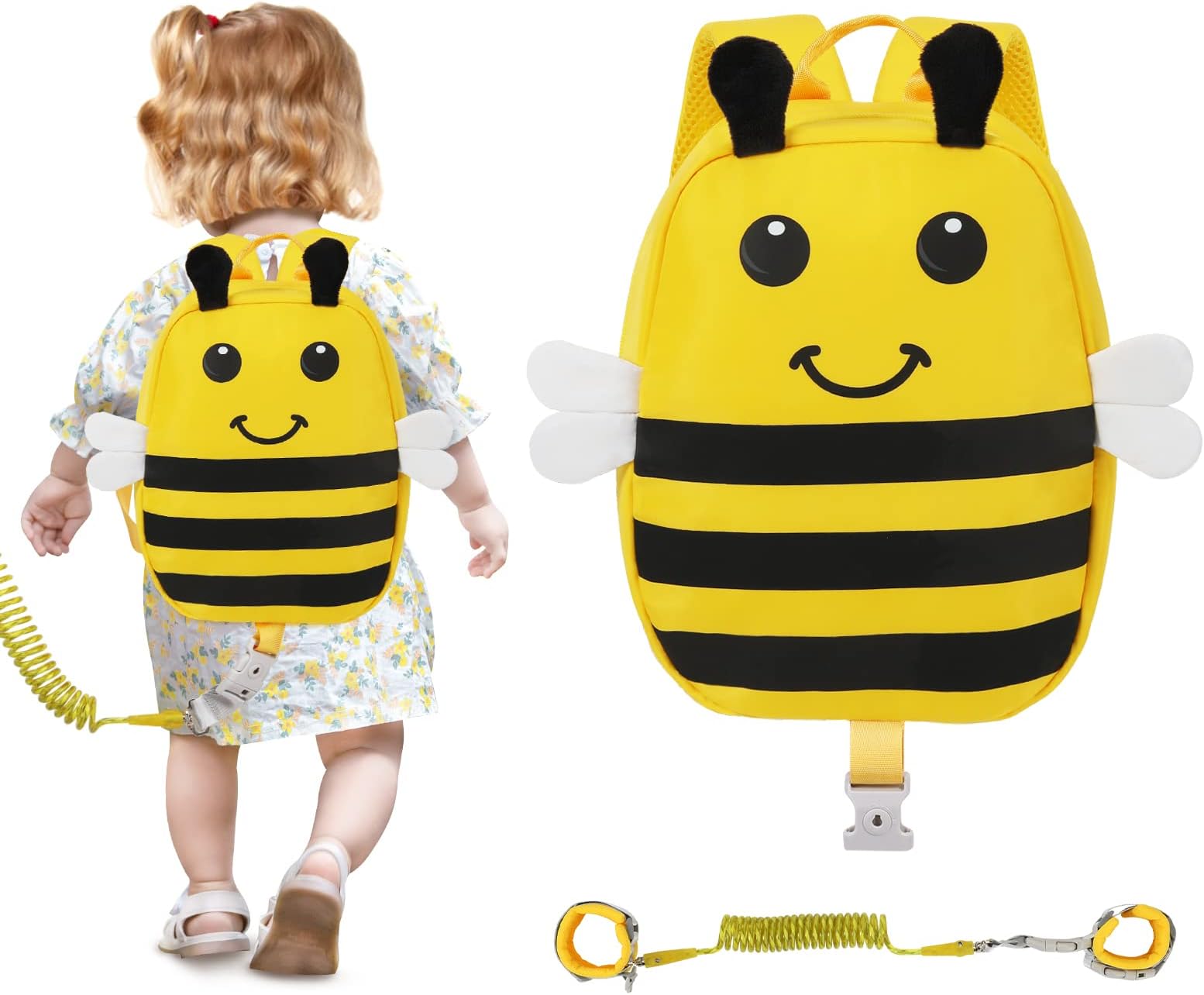 Zooawa Toddler Harness Backpack with Leash, 2 in 1 Cute Bee Kid Backpack with Anti Lost Wrist Link, Toddler Backpack Harness with Safety Leash for 1-4 Years Old Baby Boys Girls