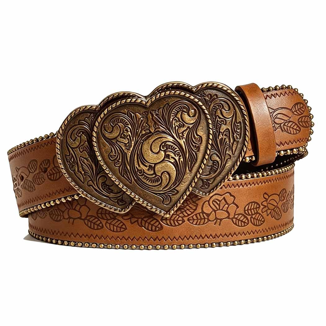 Yalice Western Brown Belt for Women Vintage Cowgirls Leather Jeans Belts with Embossed Buckle