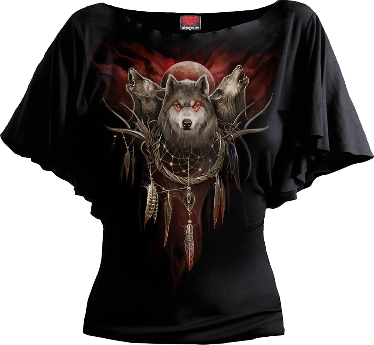 Spiral - Cry of The Wolf - Boat Neck Bat Sleeve Top Black - 4XL