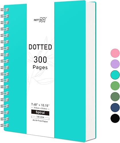 RETTACY Cuaderno de espiral de cuadrícula de puntos, diario B5 de 300 páginas para el trabajo, la escuela y el hogar con papel de alta calidad de