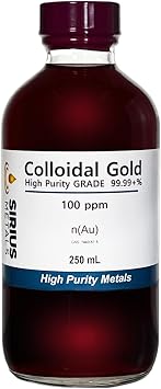True Colloidal Gold 100 ppm - 99.99+% Purity - 250 mL 8.45 Fl Oz in a Clear Glass Bottle