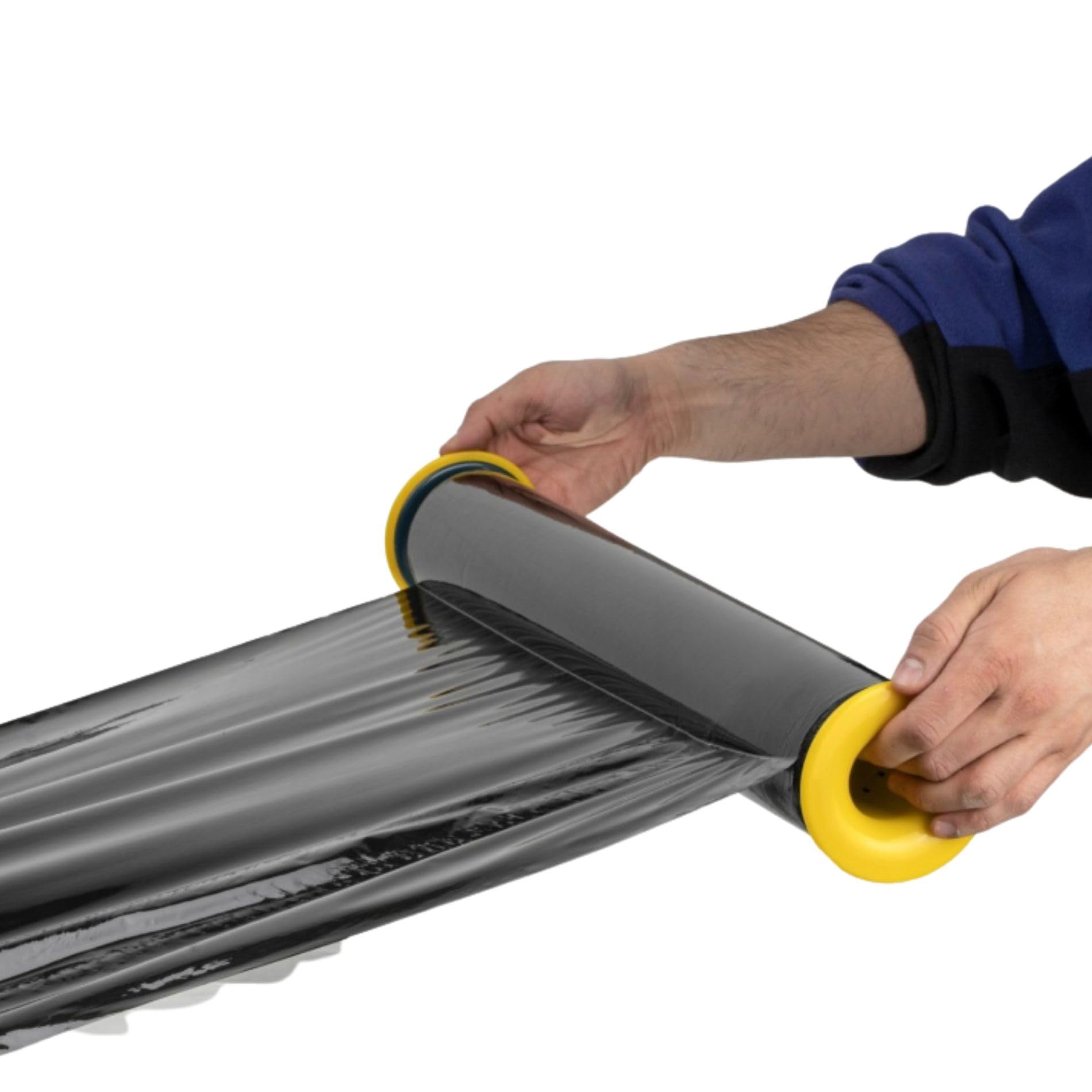 Stretchfolie Schwarz 50 cm mit Abroller - Set mit 6 Stück Verpackungsmaterial und Gleithülse für Stretch - Verpackungsfolie 203m mit Strechfolienrolle Abroller für Lagerarbeiten