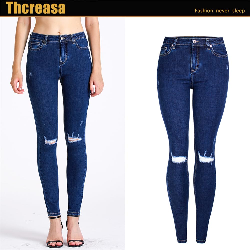 Pantalones Vaqueros, Pantalones De Pierna Pequeña Elásticos Ajustados Perforados para Mujer, Pantalones Lápiz