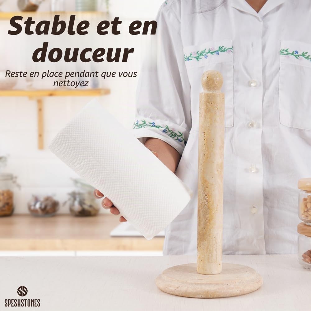 SPESHSTONES Travertin Round Porte-Serviettes en Papier marbré de 31,8 cm pour essuie-Tout de Cuisine Fait à la Main avec Support