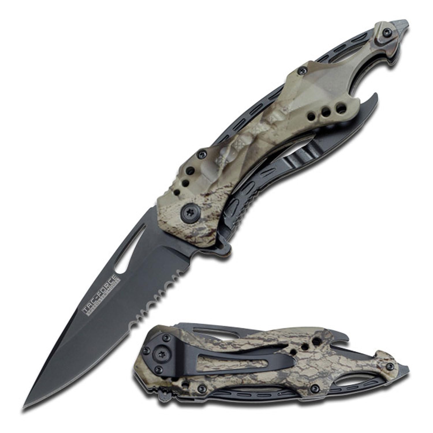 Tac-Force Folding Pocket Knife, 3.25-inch Serrated Blade, Grey Camo Aluminum Handle, 7.75-inch Overall Length TF-705GC