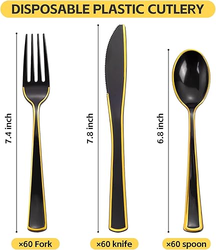 Vista 82 de WDF Cubiertos de plástico negro de 180 piezas, el juego de cubiertos de plástico incluye 60 tenedores, 60 cuchillos, 60 cucharas, cubiertos Negro