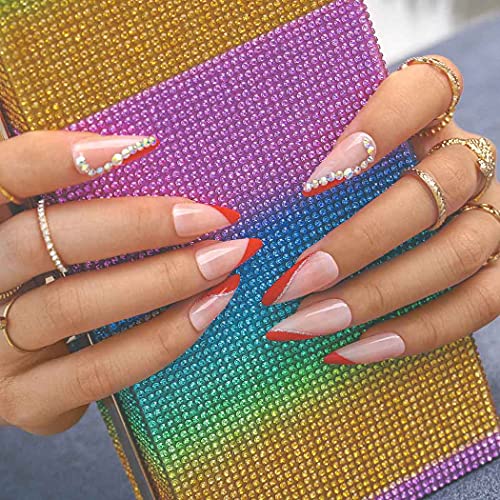 ELABEST Nudepink Stiletto False Nails Red Grain Rhinestone Fake Nail Medium Press on 24Pcs Acrylic Art Nail Tips for Women and Girls