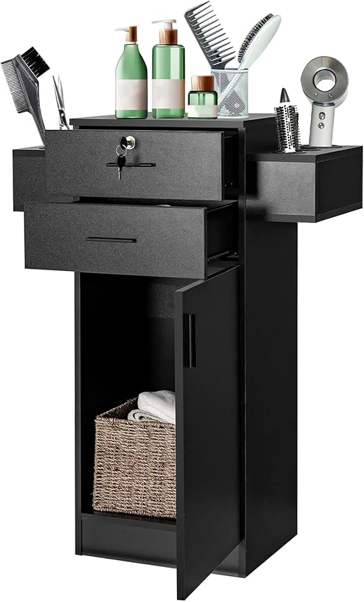 Giantex Salon Storage Cabinet, Locking Hair Styling Storage Organizer with 2 Drawers, 6 Hair Dryer Holders, Wooden Beauty Salon Spa Barber Station Hairdressing Equipment, Black (1)