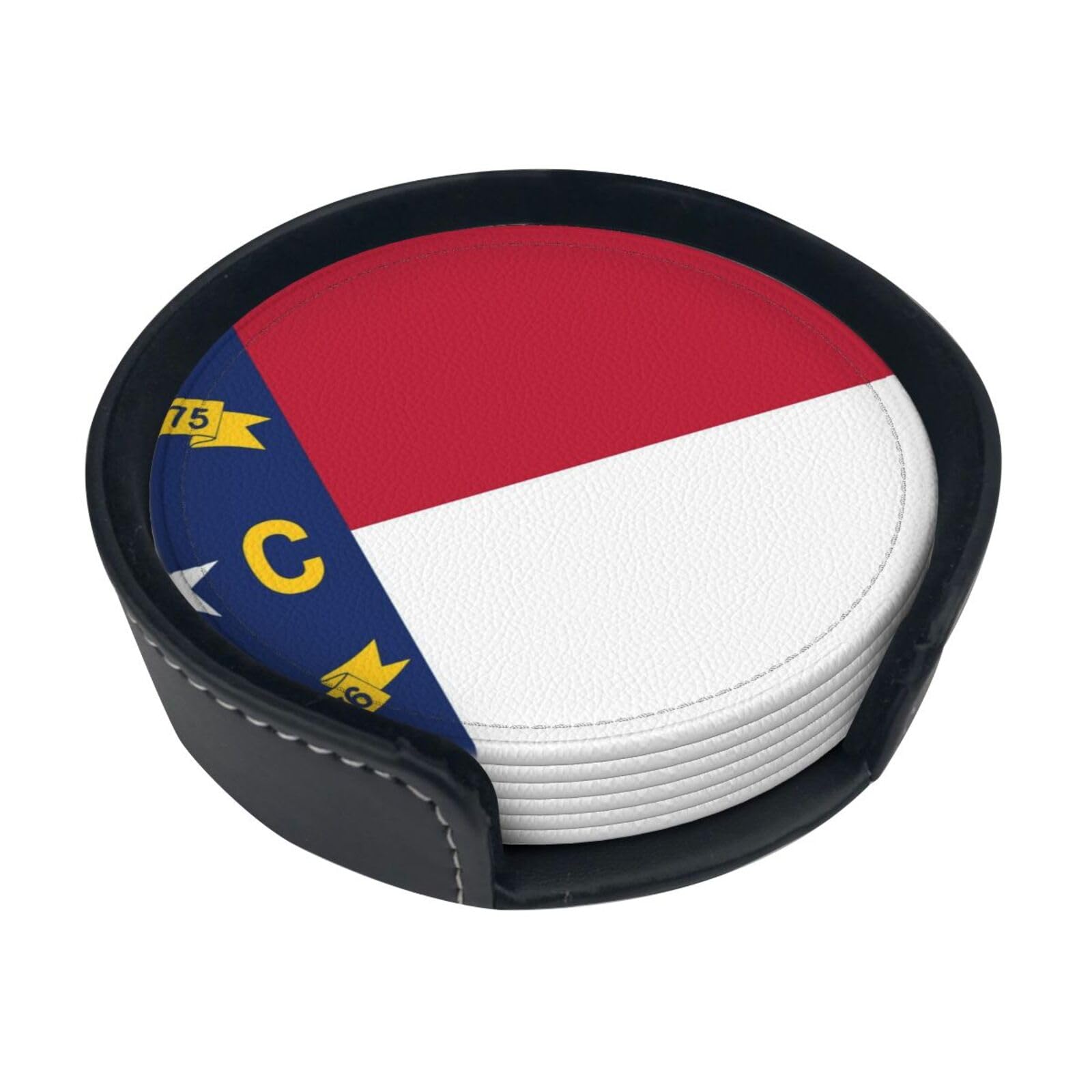 North Carolina State Flag Leather Coasters-Set of 6 with Storage Holder