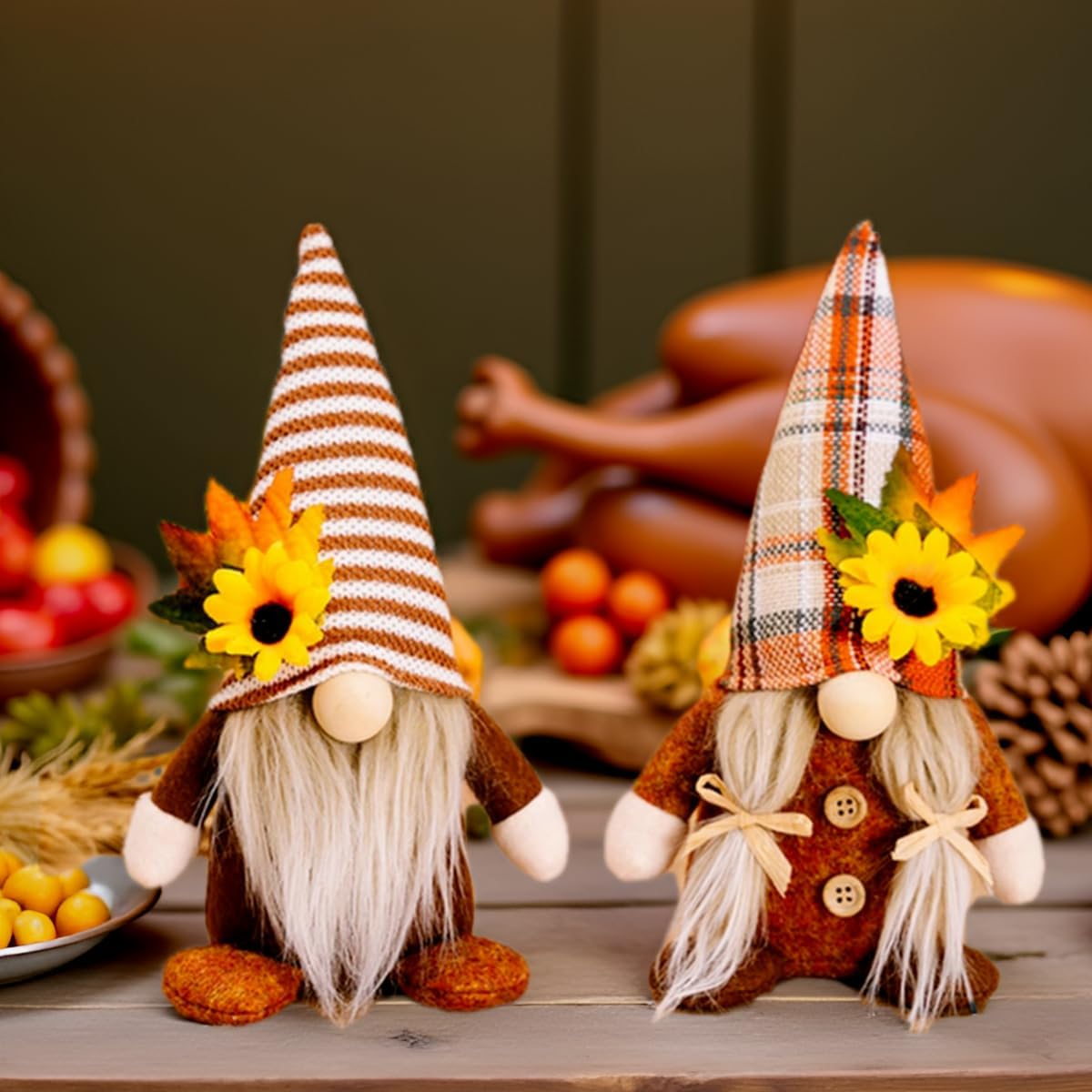 2-Pack Fall Gnomes Decor – 8.26" Thanksgiving Harvest Plaid Gnomes with Maple Leaf & Sunflower, Themed Figurines for Autumn Tabletop,Tray Decor (Maple Leaf & Sunflower Gnomes A) - Image 5