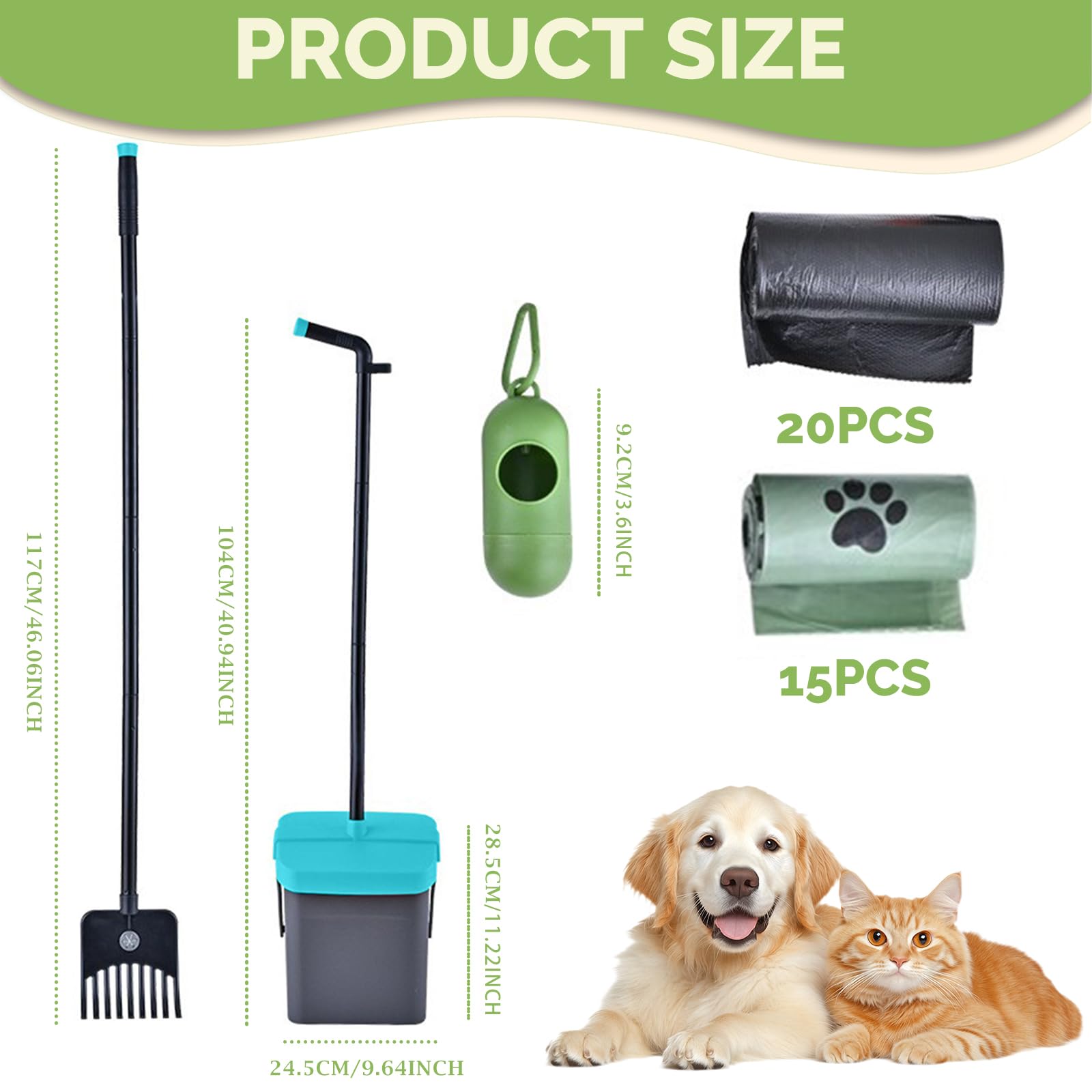Kit con paletta girevole e rastrello per cani, manico lungo 116,8 cm, paletta regolabile per rifiuti di animali domestici, con cestino da 101,6 cm e 35 sacchetti per rifiuti, raccoglitore portatile