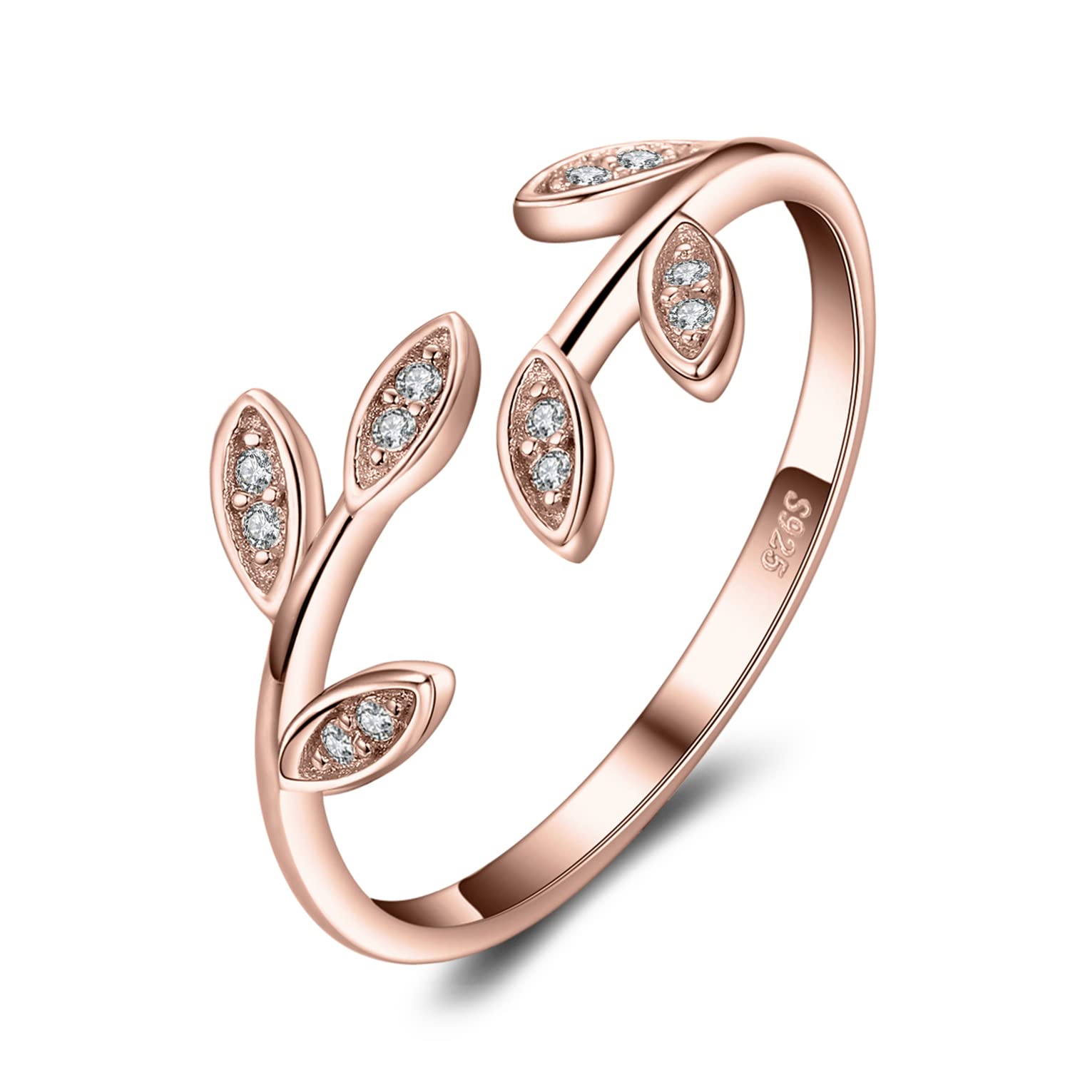 JewelryPalace Ajustable Hoja de Olivo Anillo Mujer Plata Oro 14k Oro Rosa, Jardín Anillo Abierto Sencillo Circonita, Anillo Niña Elegante Piedra Preciosa, Regalo Anillo Promesa Joyas de Mujer