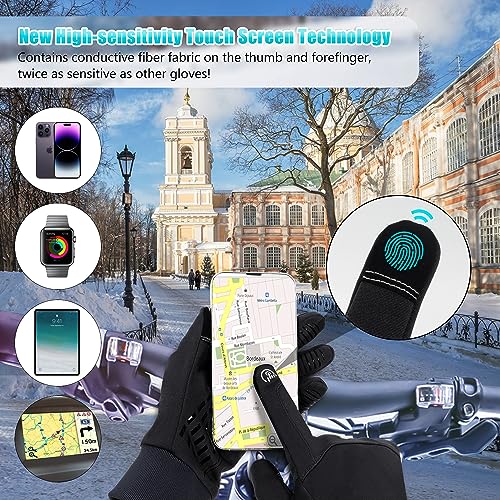 UPhitnis Dünne Fahrradhandschuhe Herren Winter - Thermo Fahrrad Handschuhe Touchscreen für Mann Damen Anti-Rutsch Winddicht - Winterhandschuhe für Radfahren Laufen Fahren Wandern, Schwarz/Größe XL