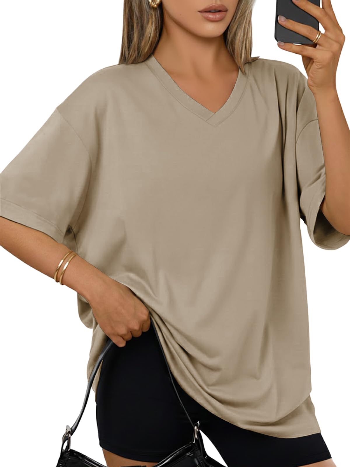 Cuptacc Tshirt Damen V Ausschnitt Oversized Oberteile Basic Locker Kurzarm Tunika Damen Sommer Lang Shirt Mit Schlitz Einfarbig Top