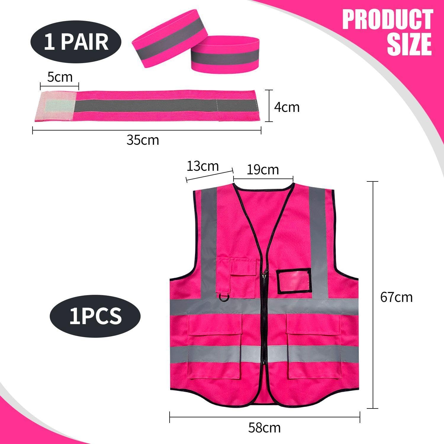 1 Pezzo Di Gilet Riflettente, 1 Paio Di Braccialetti Riflettenti, Classico Gilet Di Avvertimento Di Sicurezza, Giubbotto Di Sicurezza Con Borsa, Decorazione Di Indumenti Rossi Di Rosa