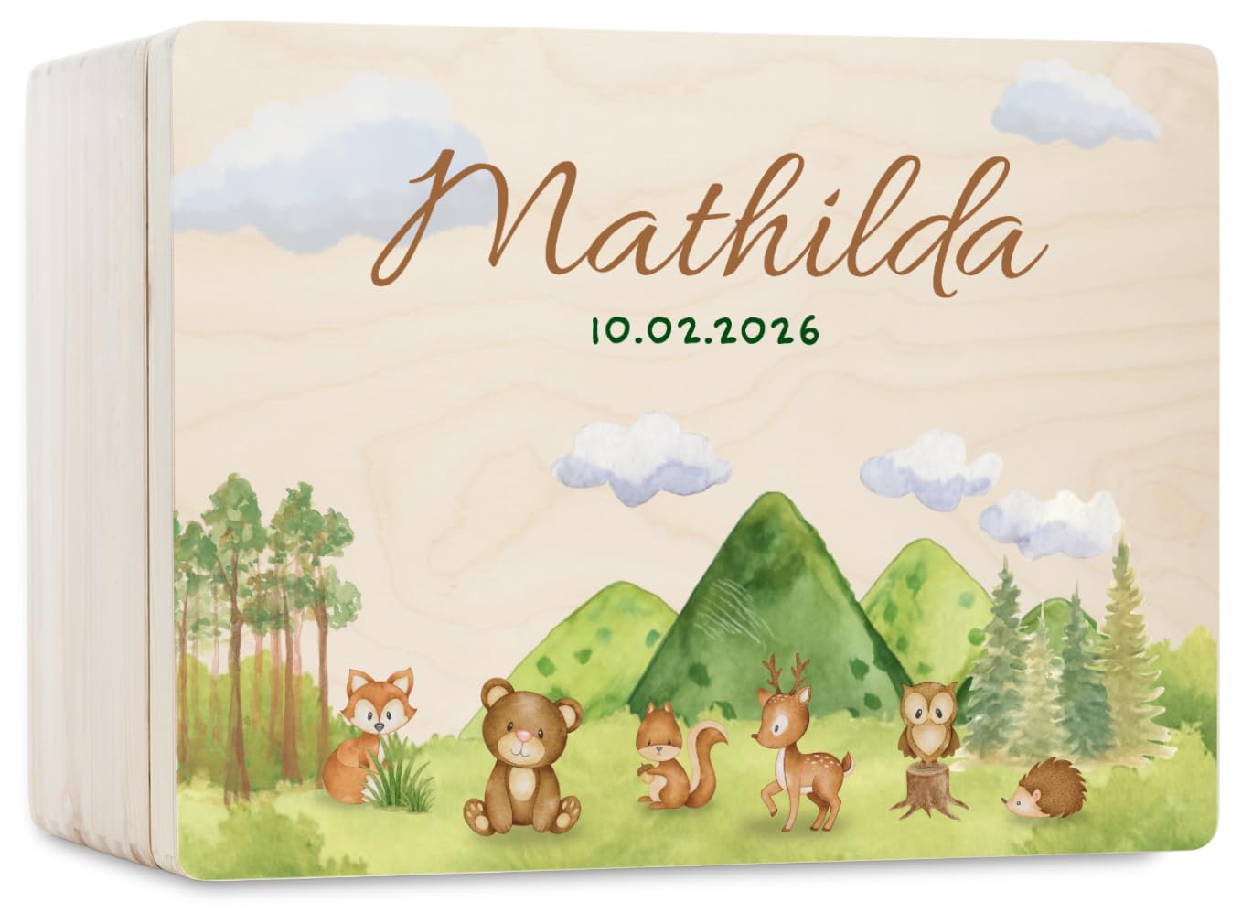 Pinus Erinnerungskiste Holz personalisierbar 60x40x23 cm | Wunschtext Name Datum, Kiefernholz, UV Druck, Baby Erinnerungen, Geschenk Geburt Taufe 1 Geburtstag