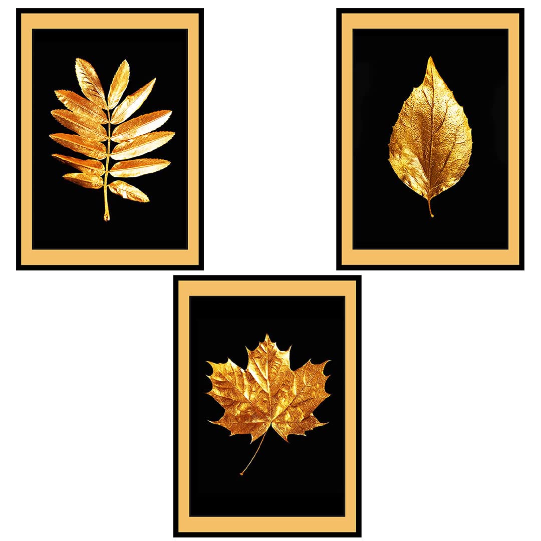 CraftKart Golden Leaf Wall Decor Paintings for Home Office Living Room - Modern Art Wall Paintings with Frame (Pack of 3)