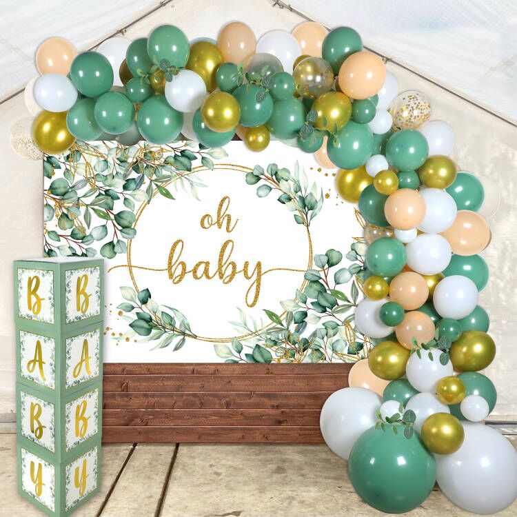 Decorazioni Baby Shower Verde Salvia E Rosa - Pompon, Ventagli E Banner Per Feste Genere Neutro