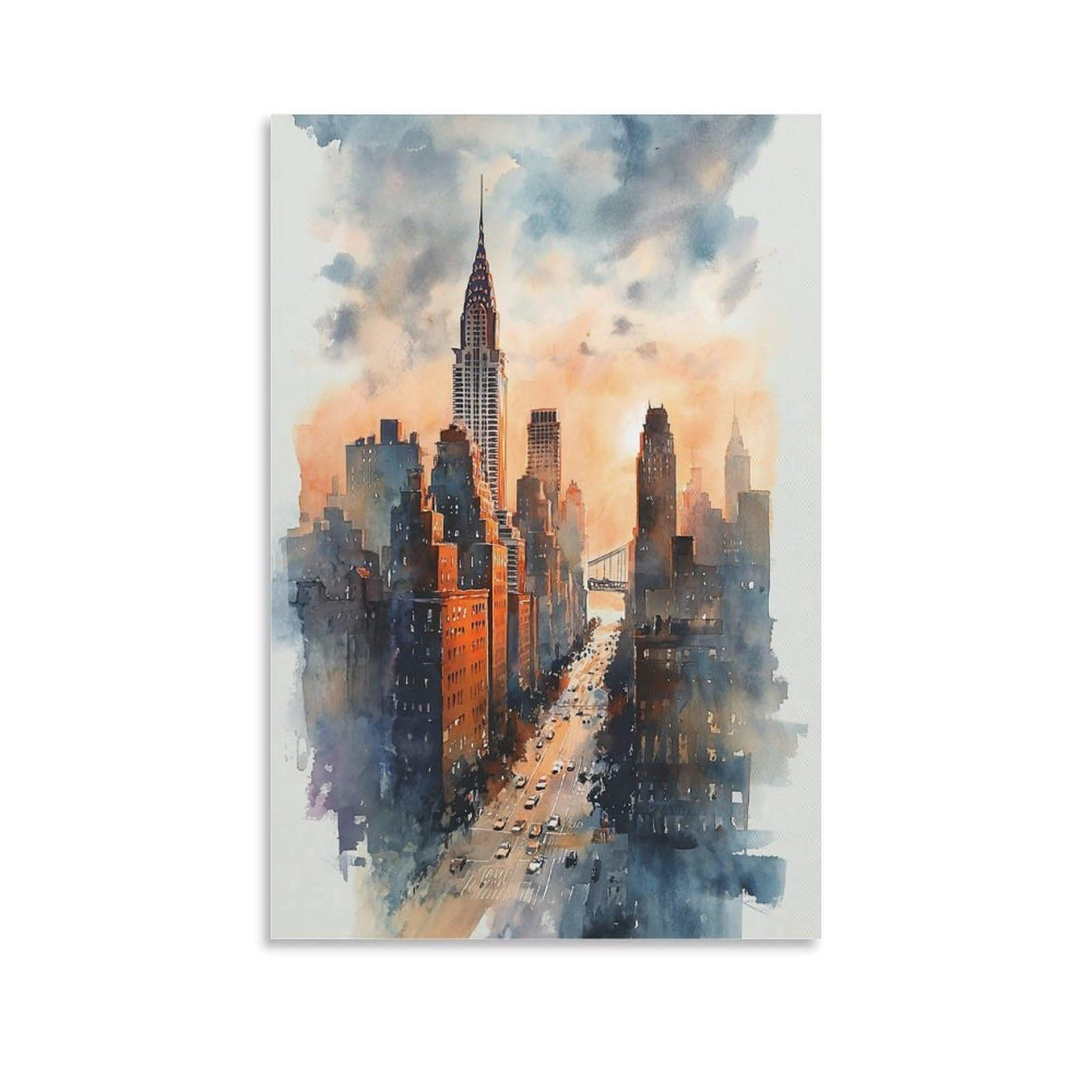 Lcynnh Unframe-Style New York Skyline Watercolor Print_ Nyc Cityscape 24X36inch(60X90cm) Vintage Watercolor Canvas Art
