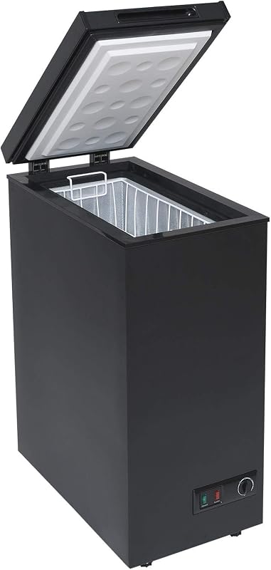 SIA CHF60B Black Chest Freezer with Removable Wire Basket, 53L Slimline Compact Freestanding Freezer, 36cm Wide, Adjustable Temperature Control, E Rated, 2 Years Parts And Labour Guarantee