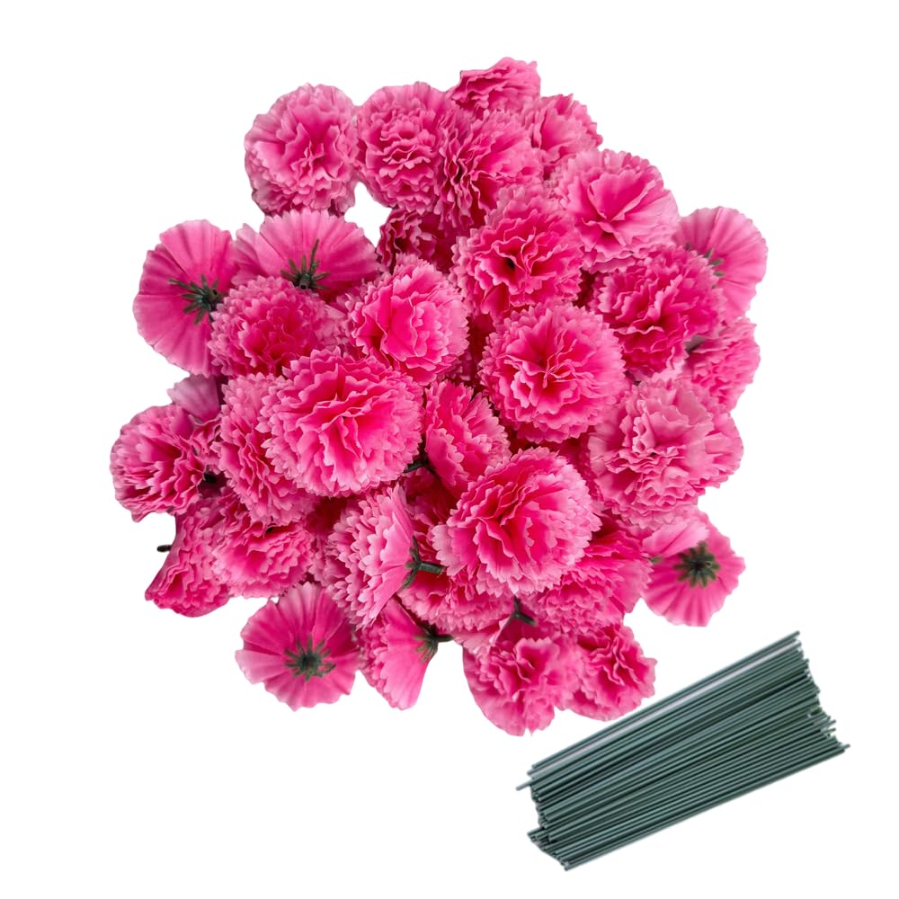 Rikyo Rose Red 50 Artificial Silk Carnation Flower Heads With Stems Set, Vase Fillers, Marigold Flower Heads For Diwali Decor, Day Of The Dead Wreath, Garland, Cake Ornaments, 2" Petals With 8" Stems (Rose Red)