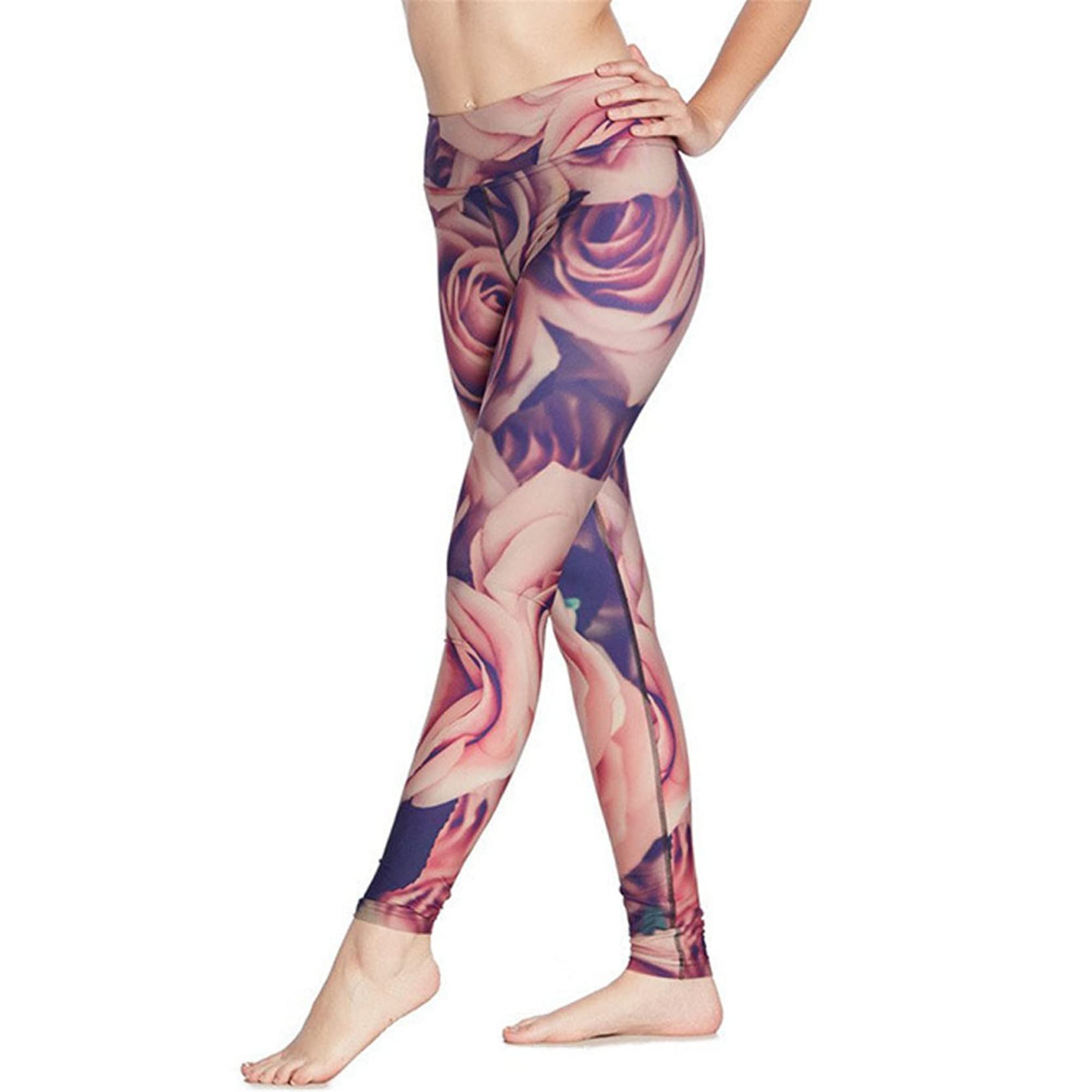 Legginsy damskie Push Up, Women Rose Flower Prints Yoga Pants High Waist Butt Lift Skinny Workout Leggings Quick Dry Sports Tights 7/8 Length Trousers rozciągliwe sportowe legginsy do jogi (Color : P