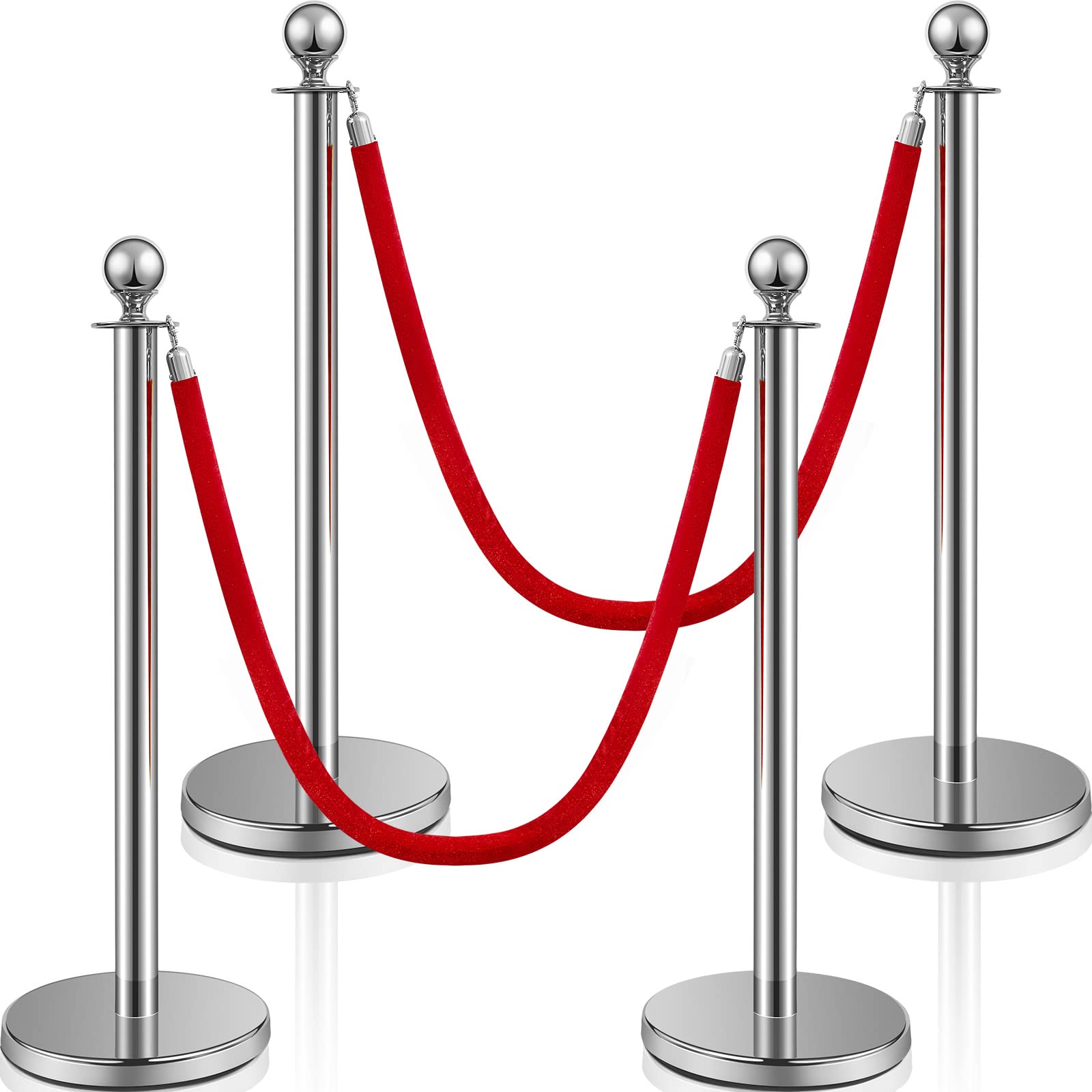Stainless Steel Stanchion Post Queue 5 ft Red Velvet Rope Red Carpet Ropes and Poles Crowd Control Barriers Sand Injection Hollow Base and Velvet Ropes Set for Party Supplies (4 Pieces, Silver)
