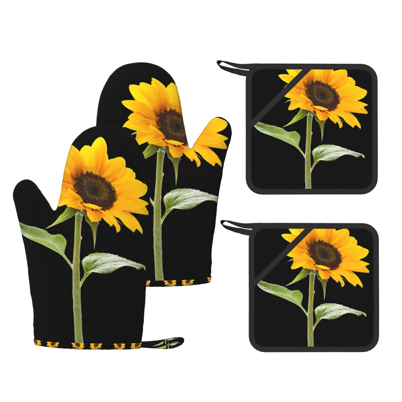 Bloom Sunflower Printed Cooking Mitts and Pot Holders 4 Pcs, Heat Resistant Oven Gloves with Hanging Loop Chef