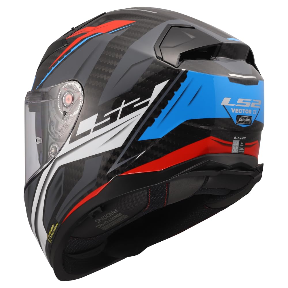 Designed LS2 FF811 Vector II Carbon Savage Azul Rojo Bluetooth Sena Integrado - Casco de Moto Integral con Visor Solar, Pinlock y Pantalla Oscura - Helmets Unisex Hombre y Mujer - ECE 22.06