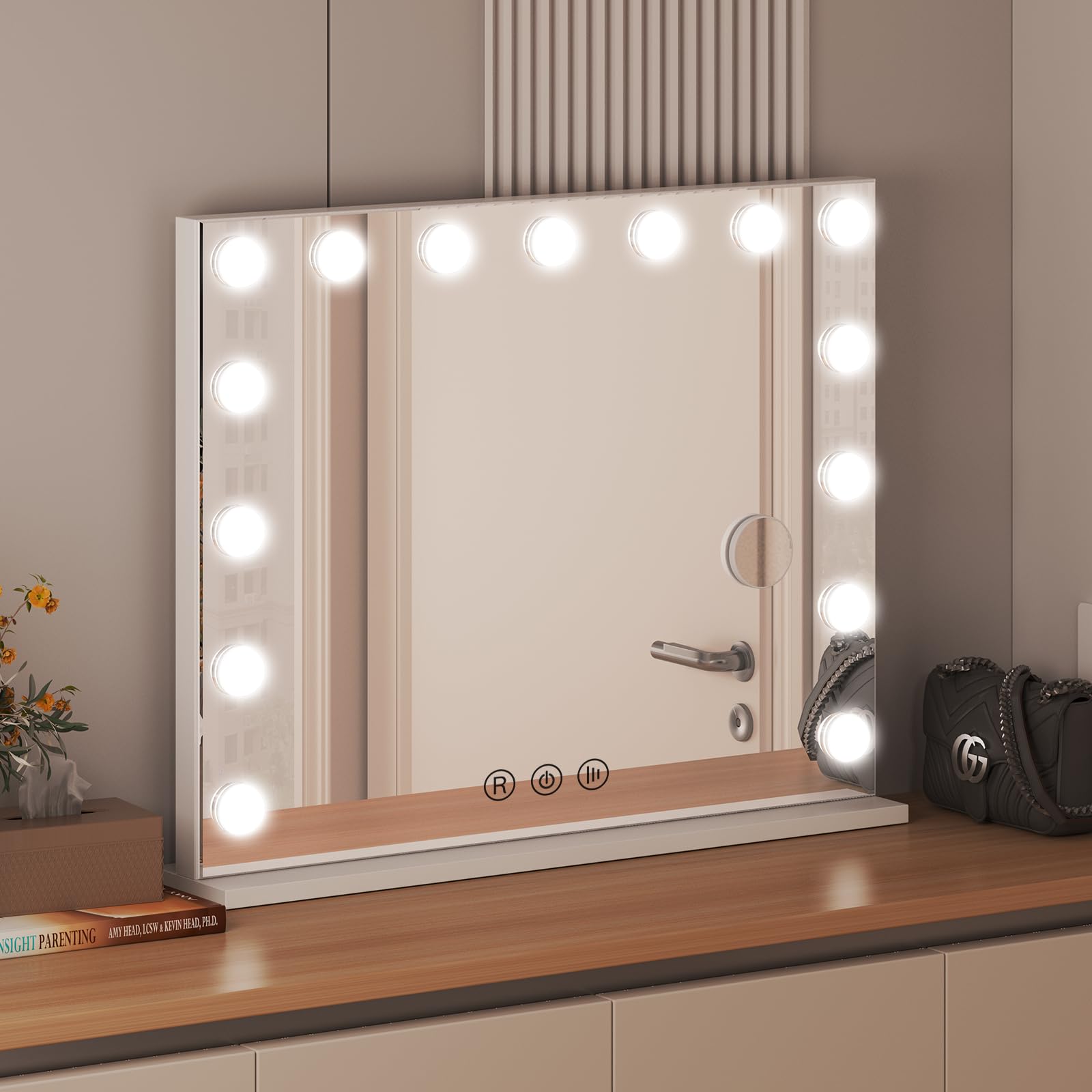 Espejo Maquillaje con Luz 58 x 46 cm, 15 LED, 3 Modos de Luz, Espejo de cortesía Hollywood, Accesorio de Aumento Incluido, Control Táctil, Función de Memoria, para Dormitorio