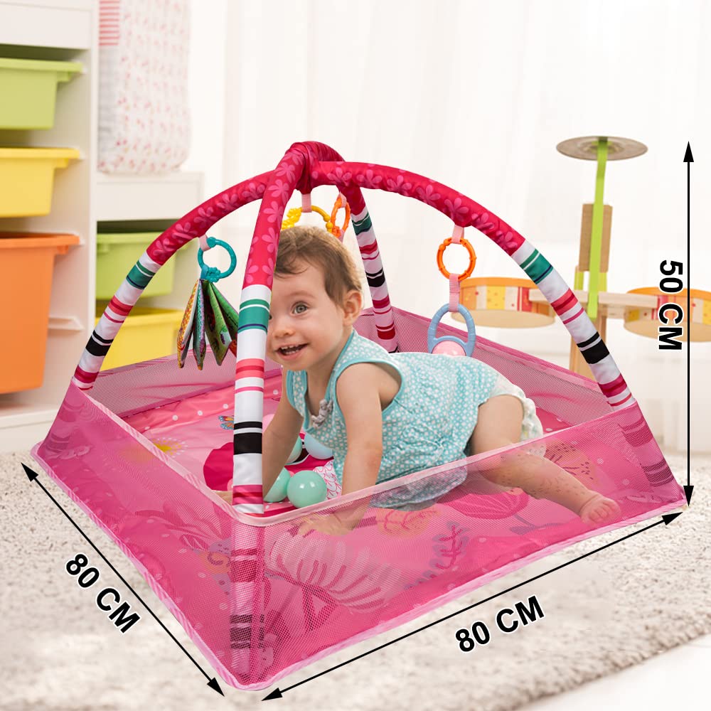 Parc de jeu bébé carré avec arche d'éveil, tapis d'activités, 18 balles de piscine incluses, pour nourrissons 0 à 3 ans，Rose