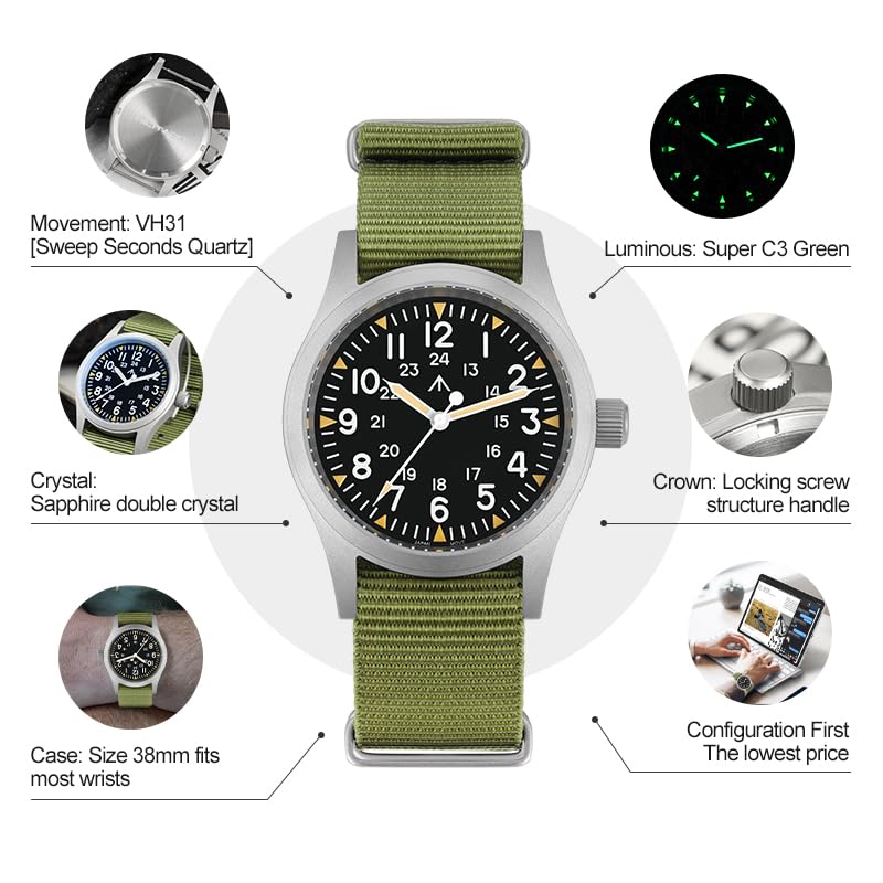 Image of Militado ML05 38mm VH31 Quartz Watch - Domed Sapphire Crystal Field Watch C3 Super Luminous Retro Sweep Wrist Watch for Men 100M Waterproof