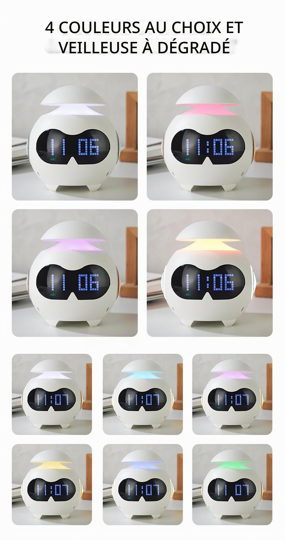 Fantasee Réveil Enfants, réveil USB avec Emoji, Double Alarme, avec veilleuse réglable et Mini Haut-Parleur Bluetooth pour Enfants Adultes Amis Cadeau d'anniversaire (USB Powered, Blanc)