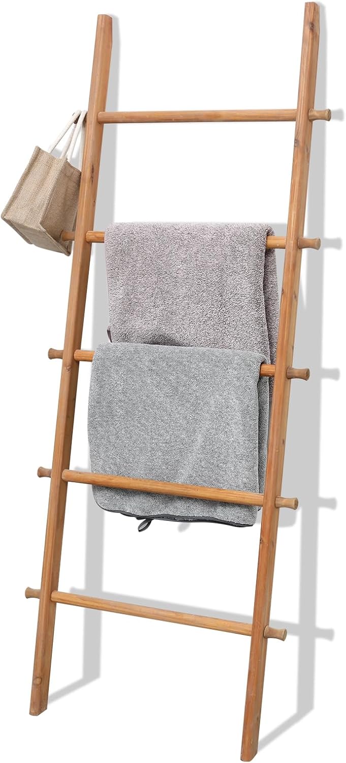 FUIN 57in Wood Blanket Ladder Living Room Decorative Wall Leaning Farmhouse Quilt Display Holder Rustic Wooden Towel Rack for Bathroom, Light Brown 57in Burnt Brown