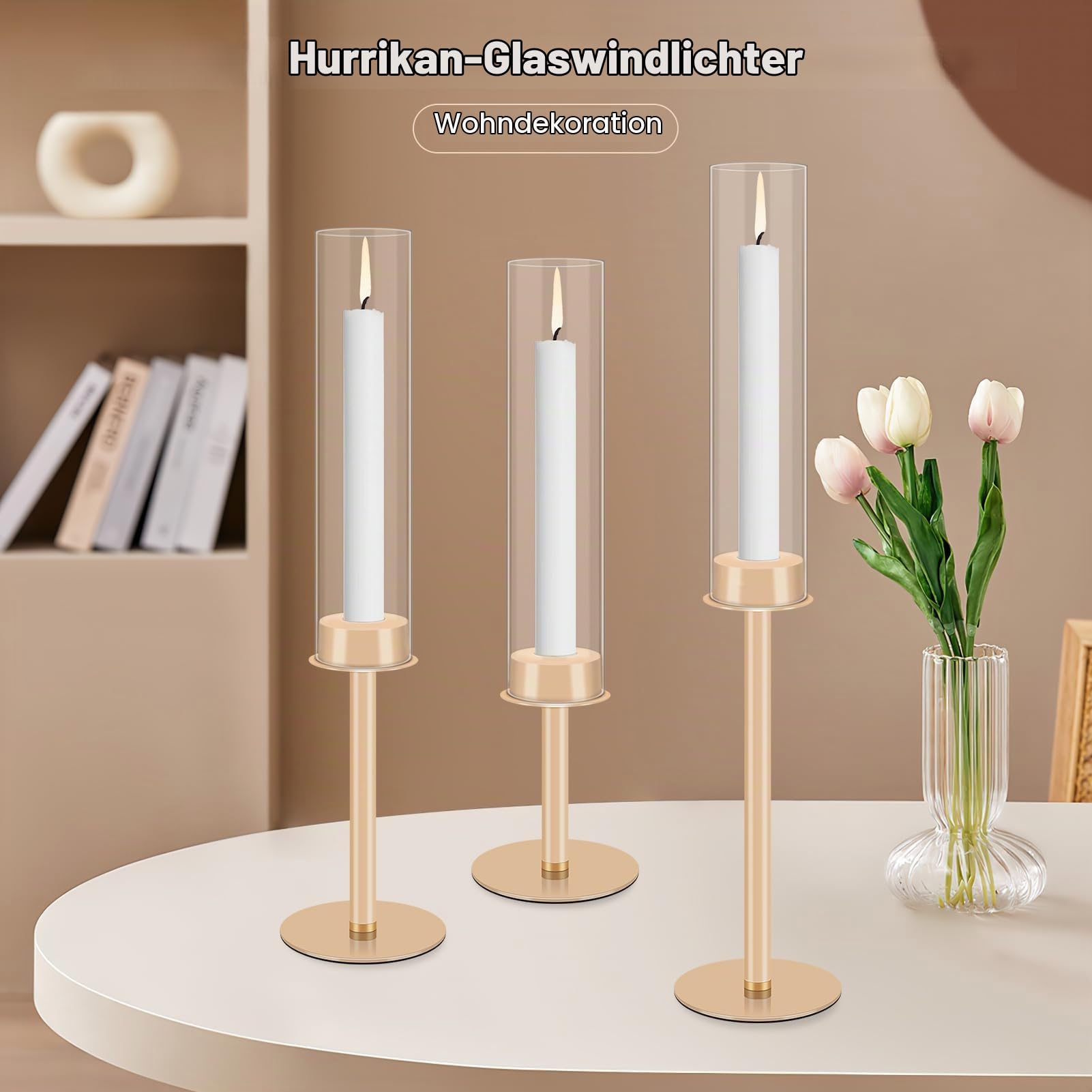 Gugxiom 6Pcs Gold Kerzenhalter, Glas Hurricane Kerzenhalter Gold, Kerzenhalter für Stumpenkerzen, für Haus Dekoration, Hochzeit, Essen, Party Dekorativ