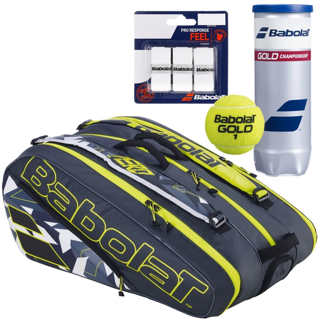 Babolat Pure Aero Racquet Holder x12 Tennis Bag (Grey/Yellow/White) with Optional Accessories