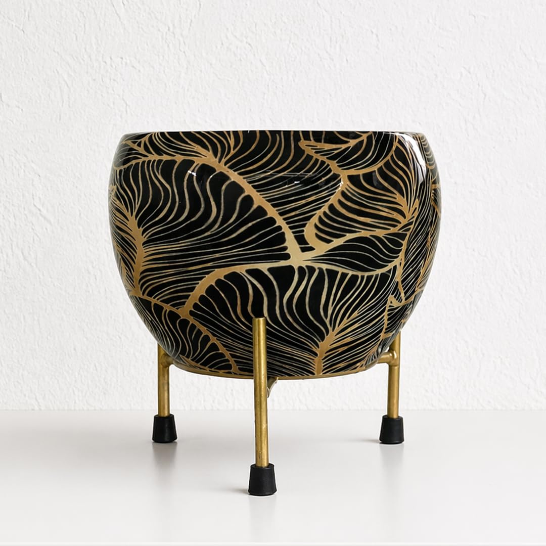 Metal Planter with Stand for Indoor Plant | Modern Decorative Flower Pot with Gold Stand | Designer Planter for Living Room,Bedroom,Balcony & Office Desk (Midnight Botanica) Metal Planter with Stand for Indoor Plant | Modern Decorative Flower Pot with Gold Stand | Designer Planter for Living Room,Bedroom,Balcony & Office Desk (Midnight Botanica)