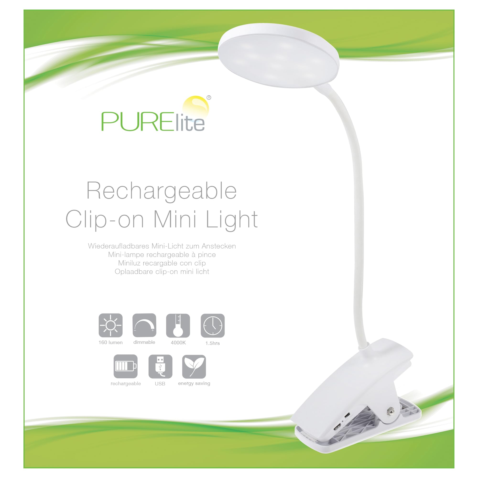 PURElite Lampe loupe à pince - Lampe de table et lampe de bureau rechargeable, lumière LED flexible, col réglable et pince inclus, ampoules à lumière naturelle pour la lecture, la couture, l'artisanat