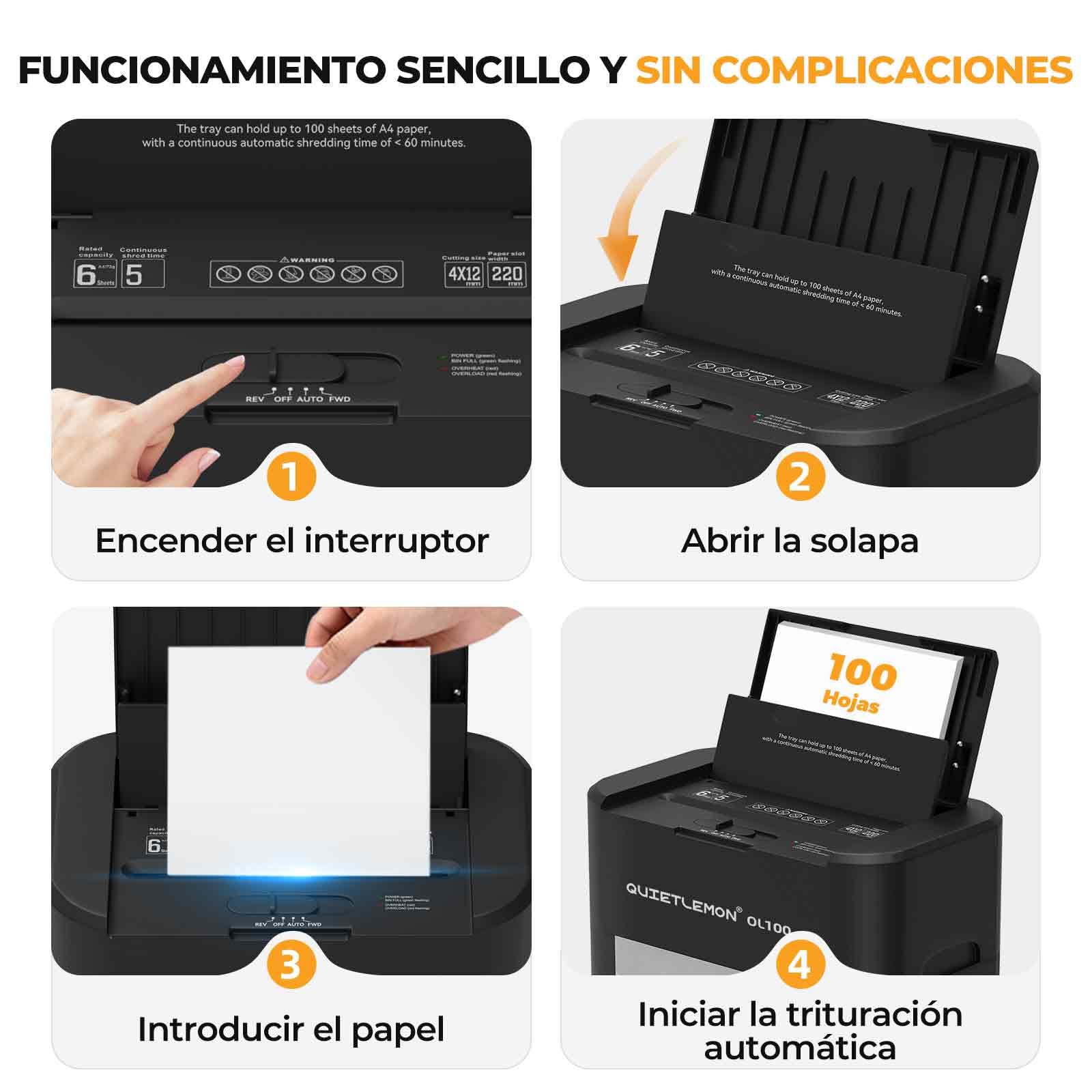 Trituradora de Papel con Alimentación Automática, 60 min Continuo, Nivel P-4, Destructora Eléctrica, Papelera 20L, para Oficina/Casa/Industrial/Hogar (100 Hojas)