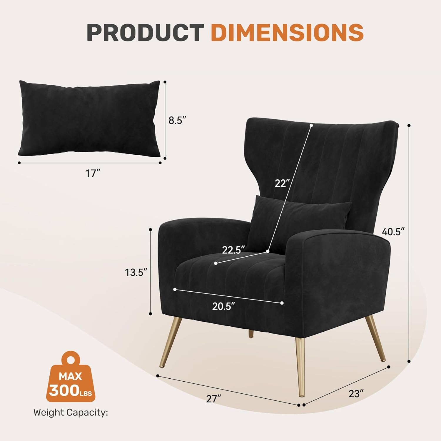 Nalupatio Velvet Accent Chairs Modern High Back Armchair Arm Chair with Lumbar Pillow, High Back Upholstered Single Sofa Chair with Gold Metal Legs for Bedroom,Black
