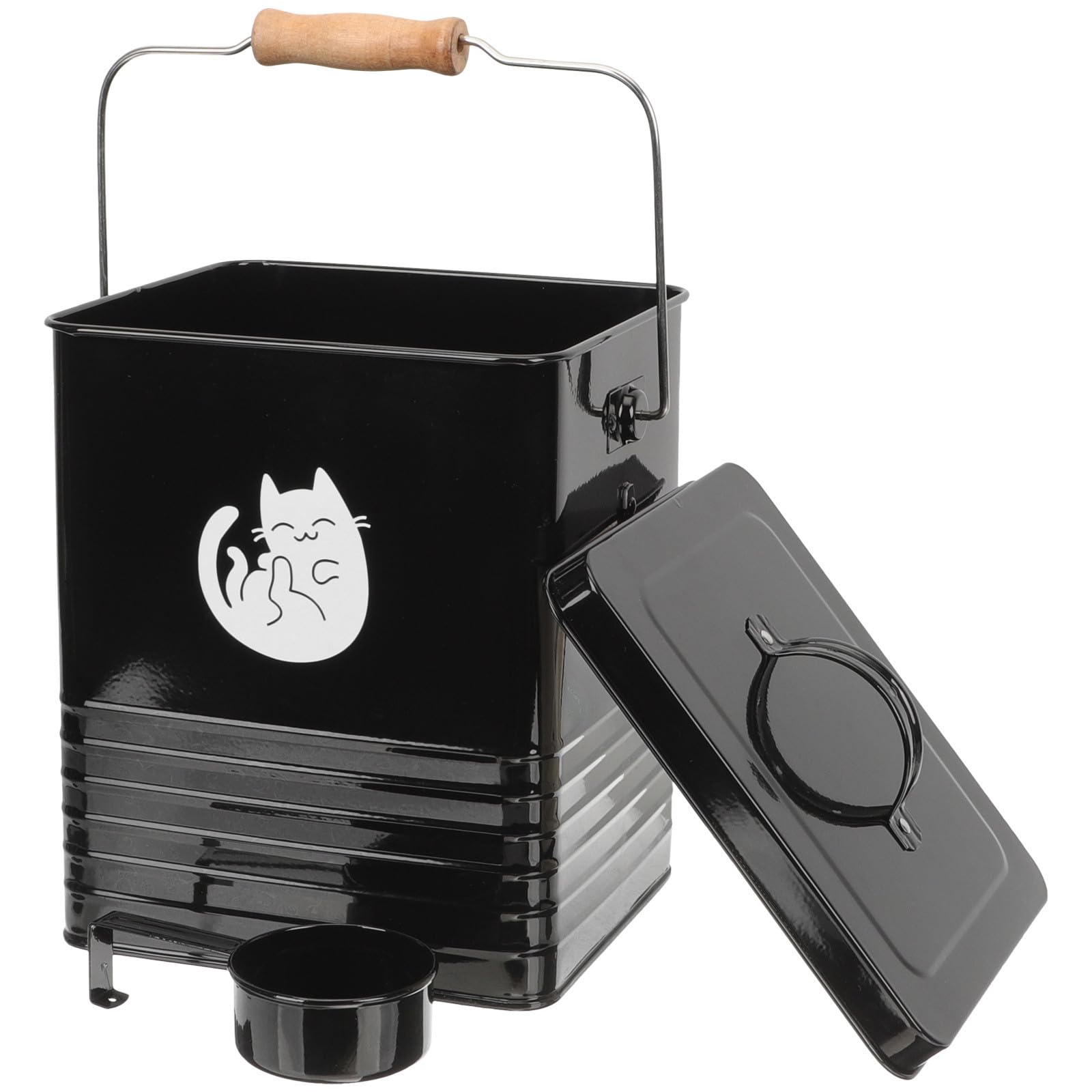 Katzensnackeimer mit Deckel, Leicht, Dicht, aus Eisen und Holz, Schwarz