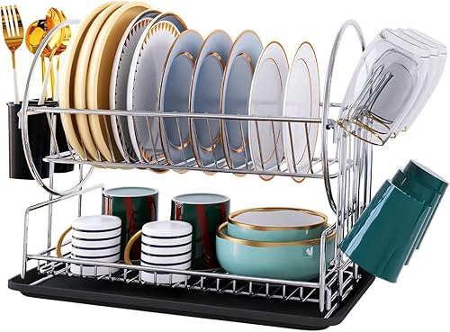 PINNIYOU Escurridor de platos de 2 niveles con escurridor soporte para utensilios soporte de vidrio para encimera de cocina escurridor de platos