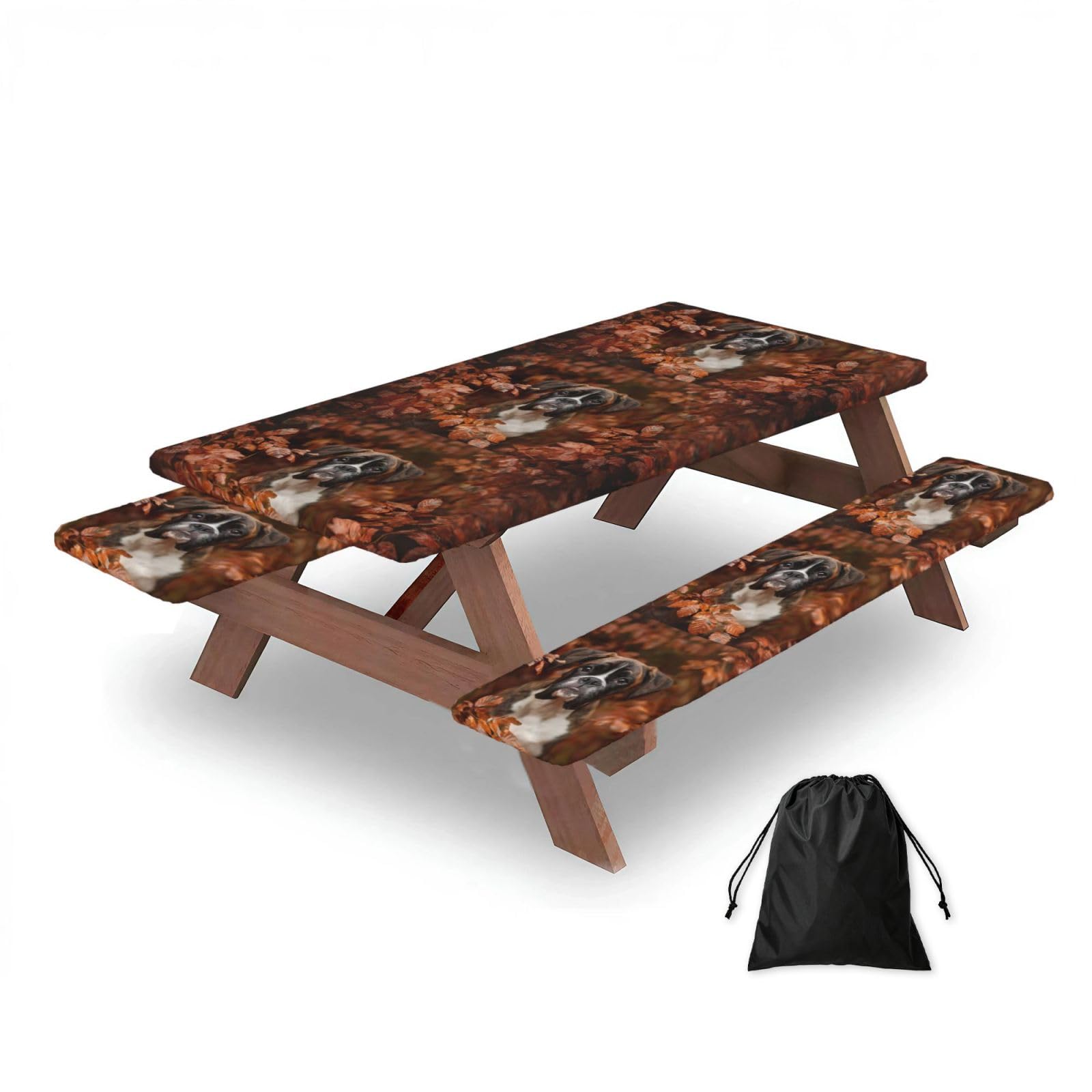 Dopklna As Picture Boxer Dogs Autumn, Picnic Table Cover With Bench Covers -Waterproof Elastic Fitted Tablecloth For Garden Camping Patio 76X152cm
