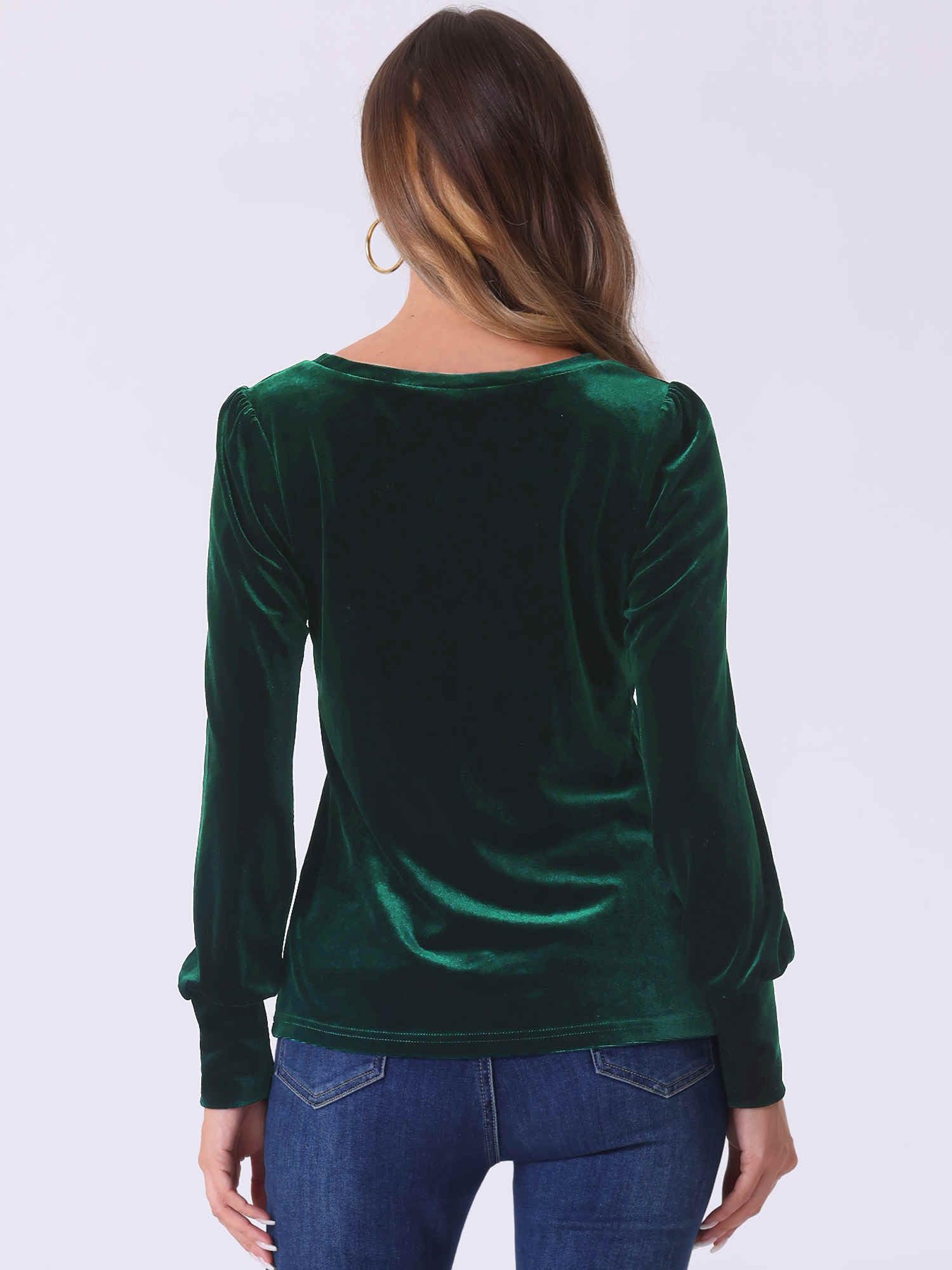 Allegra K Haut en velours pour femme à col rond et manches longues bouffantes décontracté pour l'automne et l'hiver