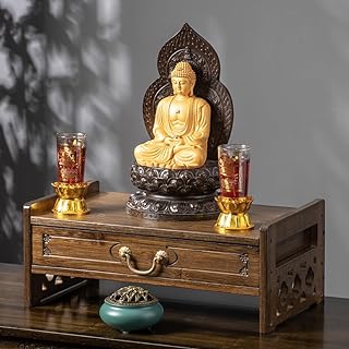 Altar Table with Storage, Small Meditation Table, Natural Bamboo Puja Table with Drawer, Alter Cabinet for Witch Wiccan Buddhist Shrine Prayer Stand Riser Home Decor