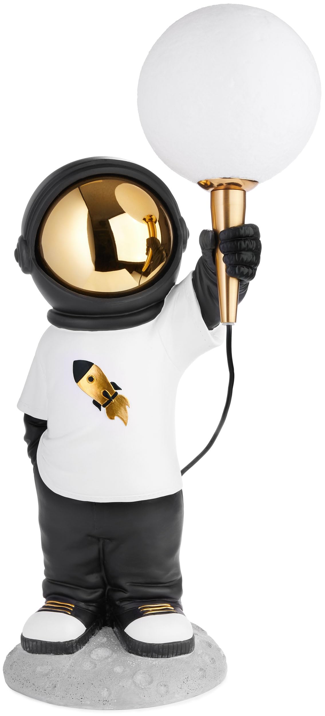Brubaker Lampada da Tavolo Astronauta - Lampada da Comodino Spaziale da 46 cm con Spina USB-C - Statua Decorativa Dipinta a Mano con Lampada Lunare - Oro, Bianco e Nero