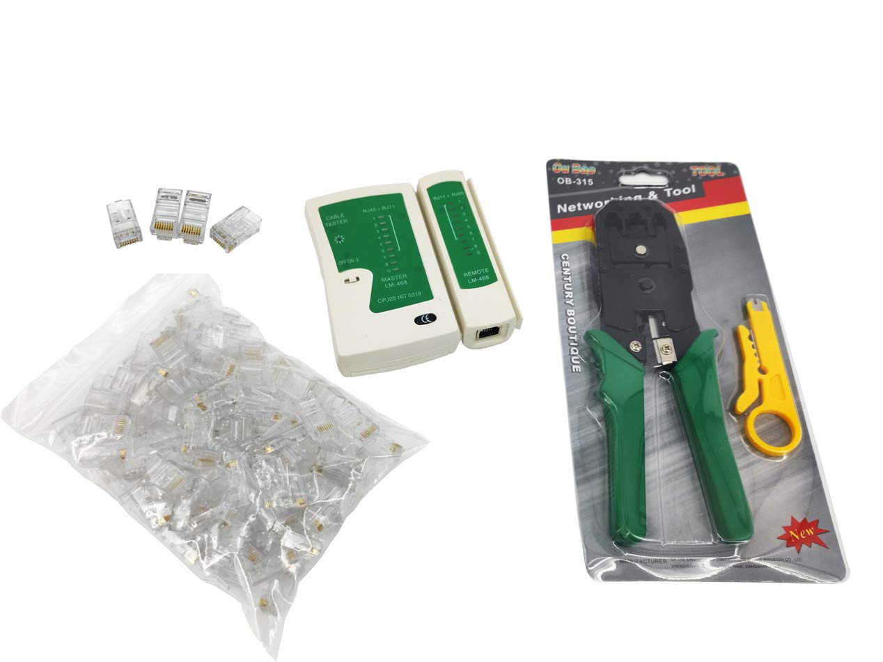 FixtureDisplays® Network/Phone Tester + RJ11/RJ12/RJ22/RJ45 Crimp Crimper +100 RJ45 CAT6 Connector Plug Network Tool Kits 15266-NF