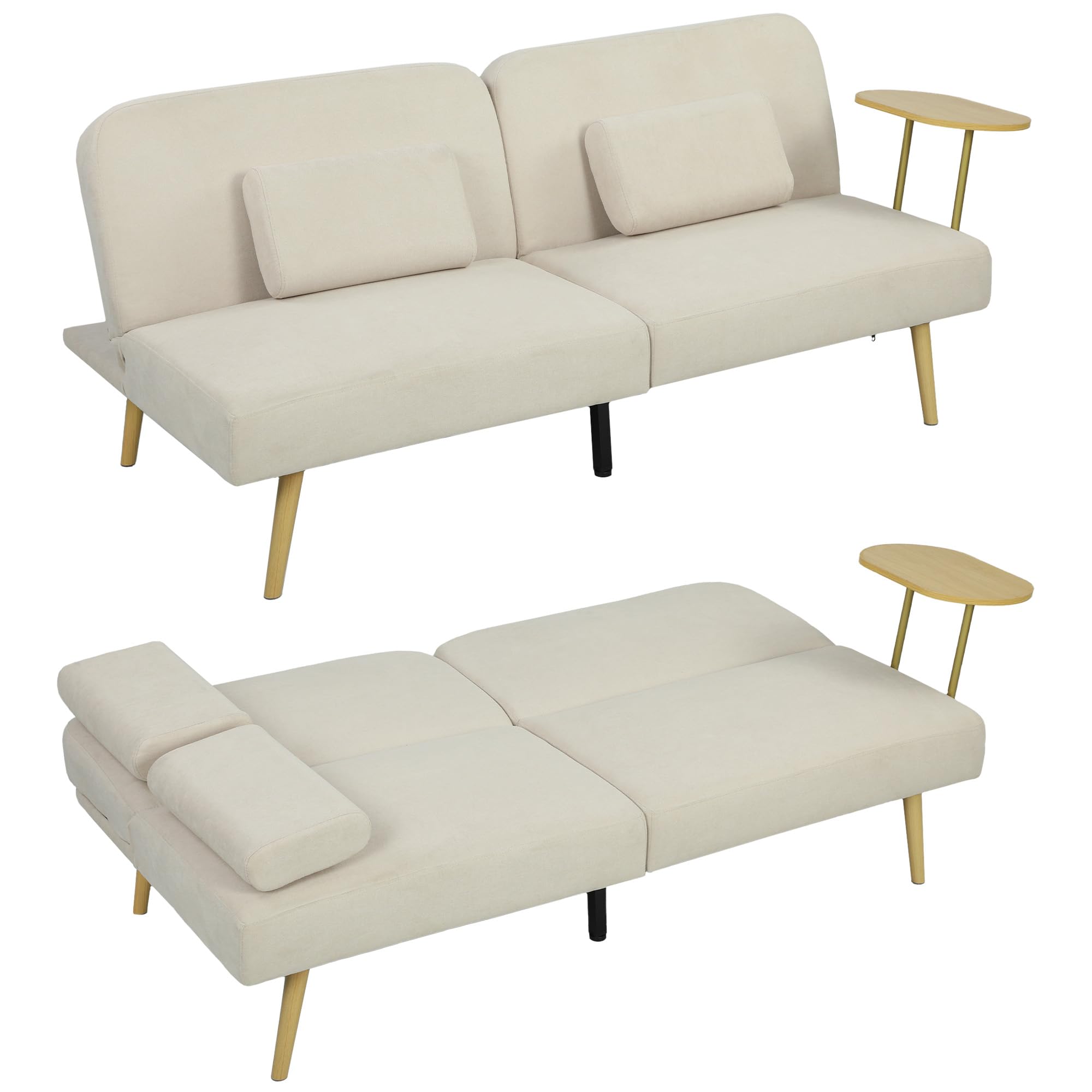 HOMCOM Sofá Cama de 3 Plazas con Mesa Auxiliar, 3 en 1, Sofá Cama Convertible con Respaldo Ajustable, Apertura Clik-Clak, 2 Almohadas para Reposabrazos y Patas de Metal, 196x86x81 cm, Beige