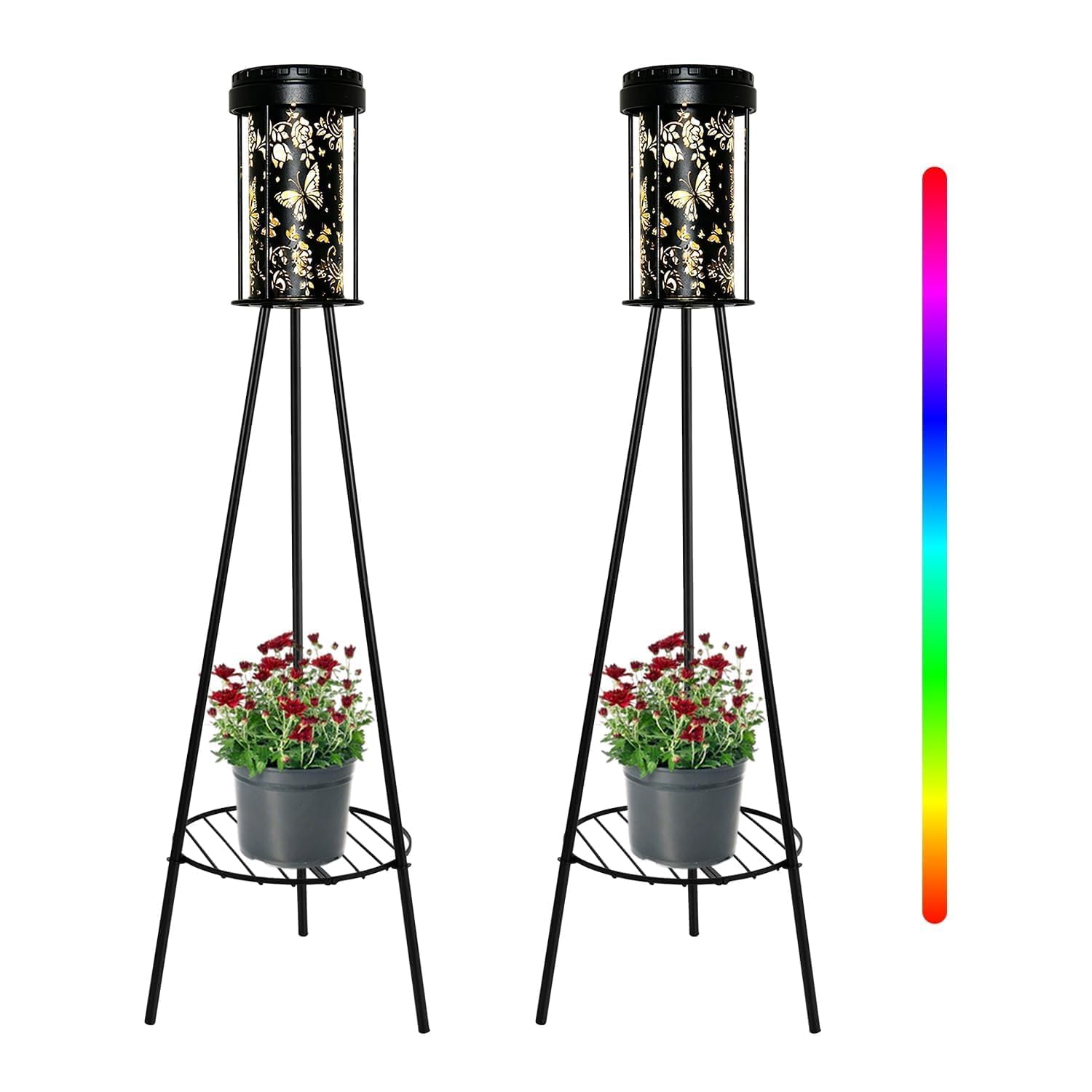 Outdoor Solar Floor Lamps for Patio 2 Pack, Butterfly Projection, RGB 5 Modes &amp; 3000K Warm White, IP44 Waterproof, USB-C Charging, Solar Plant Stand for Deck Porch Garden Yard Walkway Area